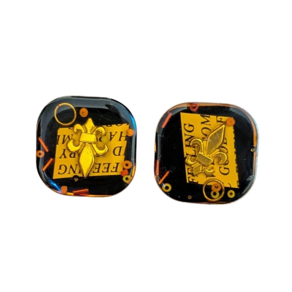 Vintage Fleur de lis Multimedia Resin Metal Type‎ Set Earrings Square Mardi Gras